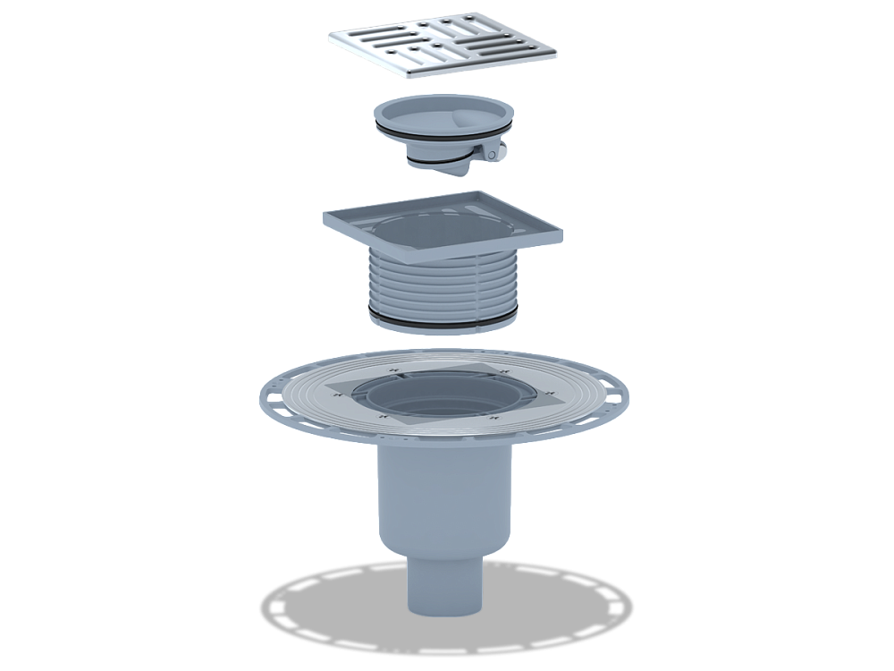 Трап для душа АНИ Пласт THQ5714 DN50 вертикальный регулируемый с сухим затвором и решёткой из нержавеющей стали 120х120 мм
