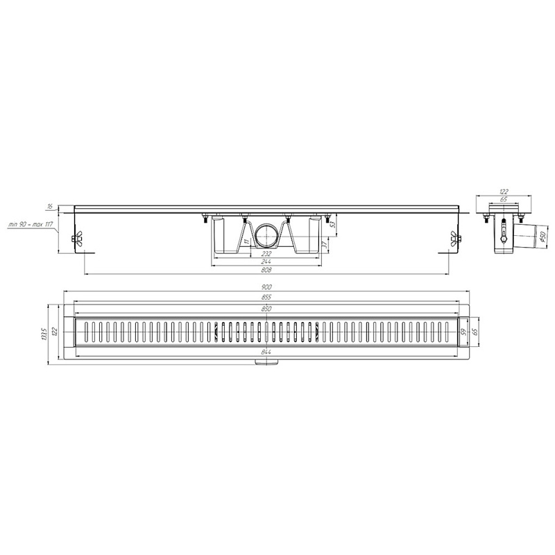 Трап линейный из нержавеющей стали АНИ Пласт TLZ2485G DN50 с комбинированным затвором глянцевой решёткой Бимс 850х65 мм