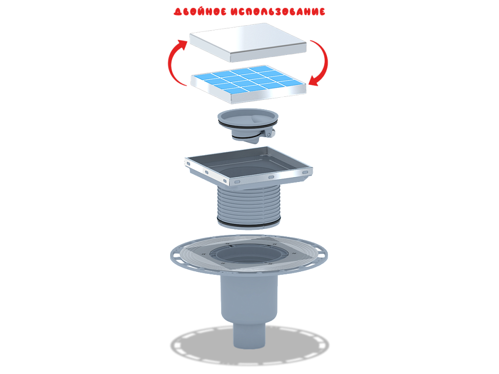 Трап для душа АНИ Пласт THQ5912 DN50 вертикальный регулируемый с сухим затвором и решёткой из нержавеющей стали 150х150 мм