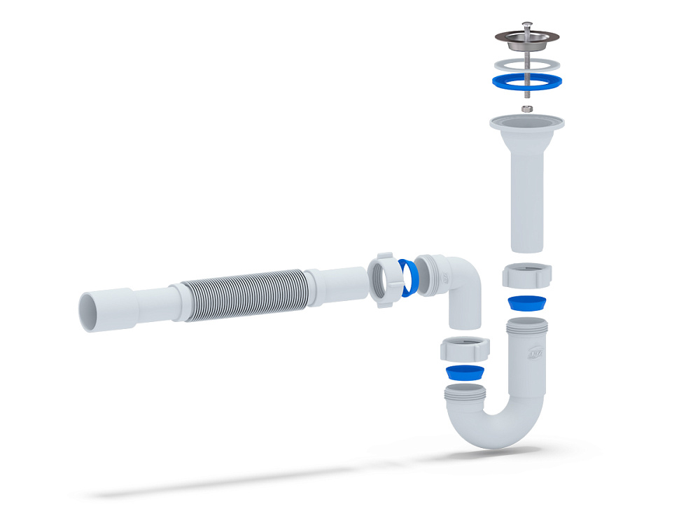 Сифон для раковины АНИ Пласт DB2015 1 1/4 дюйма 32 мм прямоточный с литым выпуском и гибкой трубой 32х32/40 мм