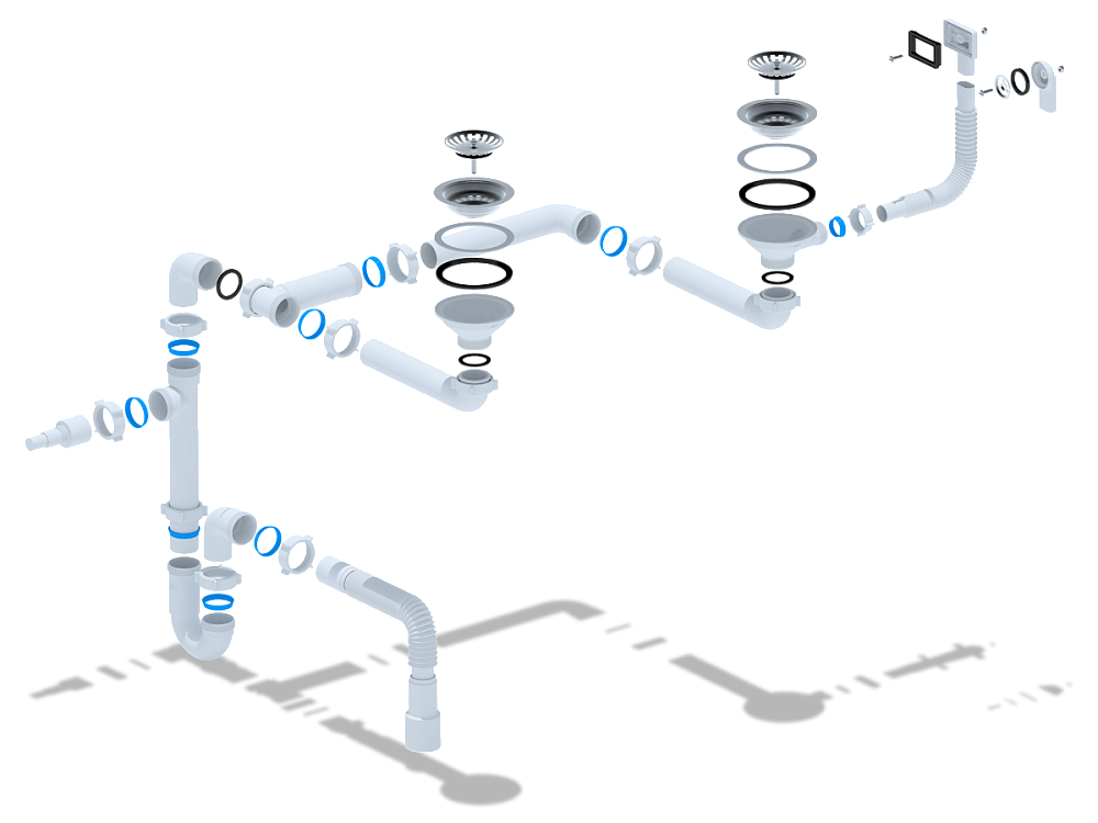 Cифон двойной для мойки АНИ Пласт LD0515SA15 3 1/2 дюйма 40 мм смещенный с отводом для стиральной машины с гибким переливом и гибкой трубой 40х40/50 мм