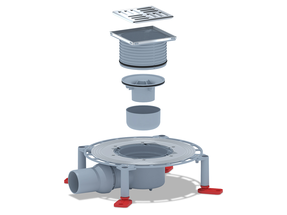 Трап горизонтальный регулируемый АНИ Пласт TVA5602 выпуск 50 мм с решеткой из нержавеющей стали 100х100 мм