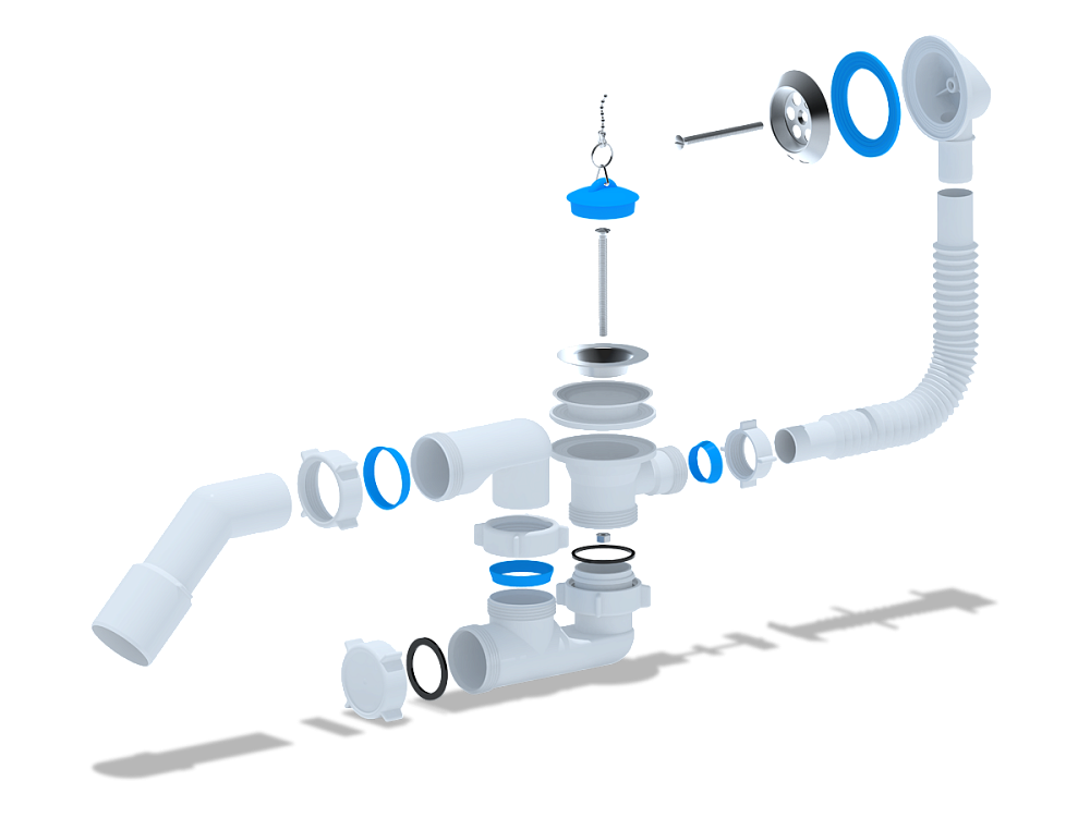 Сифон для ванны АНИ Пласт E251 1 1/2 дюйма регулируемый с переливом и переходной трубой 45 градусов 40х50 мм