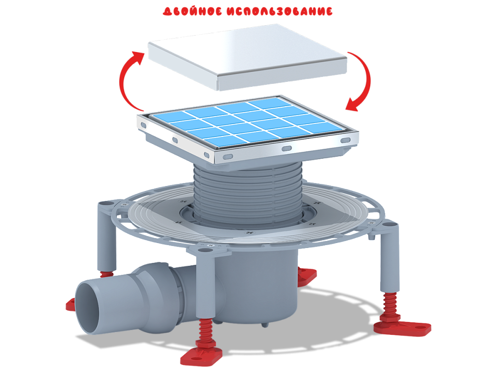 Трап для душа АНИ Пласт THQ5812 DN50 горизонтальный регулируемый с сухим затвором и решёткой из нержавеющей стали 150х150 мм под плитку