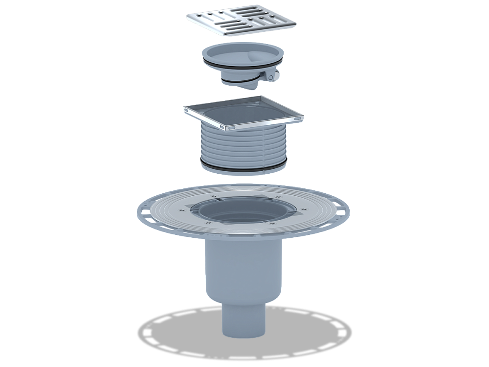 Трап для душа АНИ Пласт THQ5702 DN50 вертикальный регулируемый с сухим затвором и решёткой из нержавеющей стали 100х100 мм
