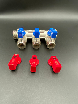 Коллектор распределительный с шаровыми кранами 3/4" (3 отвода) 1/2" под плоскую прокладку TIM ,арт.MV03N-3F