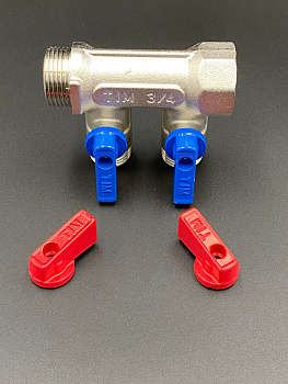 Коллектор распределительный с шаровыми кранами 3/4" (2 отвода) 1/2" под плоскую прокладку TIM ,арт.MV03N-2F