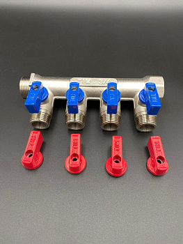 Коллектор распределительный с шаровыми кранами 3/4" (4 отвода) 1/2" под плоскую прокладку TIM ,арт.MV03N-4F